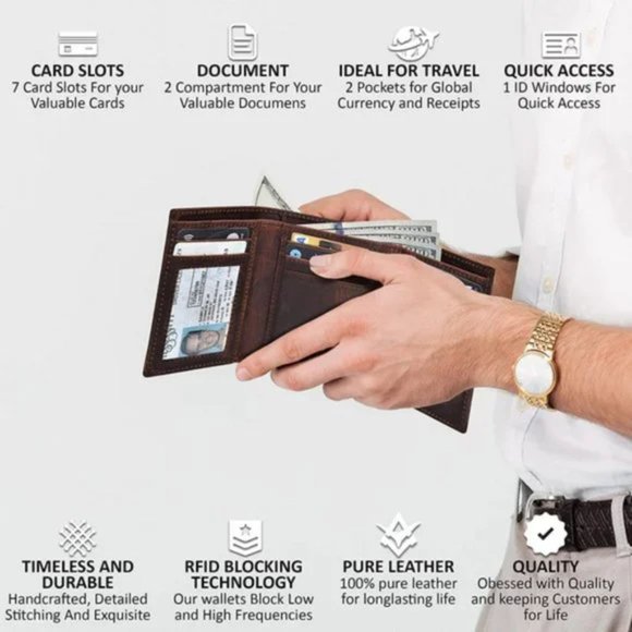 New Real Leather Trifold Wallet For Men-RFID Slim Tri Fold Wallets, Teak - Picture 2 of 6